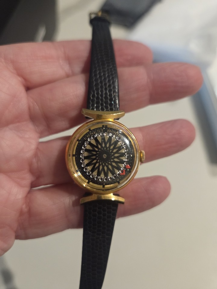 Vintage Ernest Borel Kaleidoscope Watch Ladies Black Dial Synchron 26 17J
