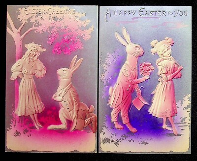 Happy Easter Greeting Embossed Anthropomorphic Lot Of 2 Vintage Postcards