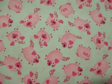 PIGS CUTE PIGLETS PINK AQUA GREEN COTTON FABRIC FQ
