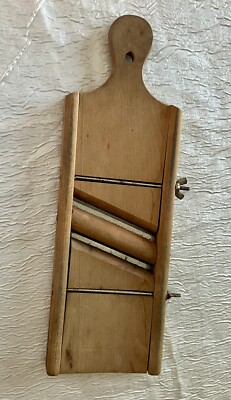 Vtg Wooden Hand Held Cutter Cabbage Sauerkraut Stainless Steel Double Blade