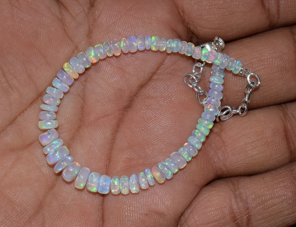 New 6.5" Beads Bracelet 925 Sterling Silver Natural Ethiopian Fire Opal Gemstone Foto 4 de 4