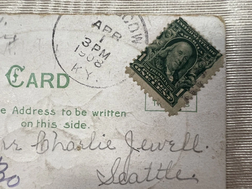 BENJAMINE FRANKLIN GREEN ONE 1 CENT U.S. STAMP~ RARE~ 1902~03~HAND STAMPED - Image 2 of 4