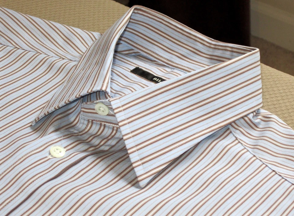 $185 BILLY REID TAN STRIPE ON LT BLUE COTTON DRESS SHIRT ITALY 16 1/4 X 35 - Image 3 of 4