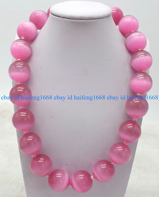 Natürliche 20mm Große Rosa Opal Katzenauge Runde Edelstein Perlen Halskette 18''