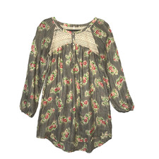 Free People Lace Crochet Floral Print Balloon Sleeve Shirt Dress Tunic Sz Small