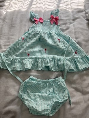 Rare Editions Infant Girls Dress 18 mths Teal/White Gingham Flamingo Summer Baby