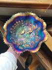 Pretty Blue Northwood Carnival Glass Peacocks on the Fence Stippled Bowl