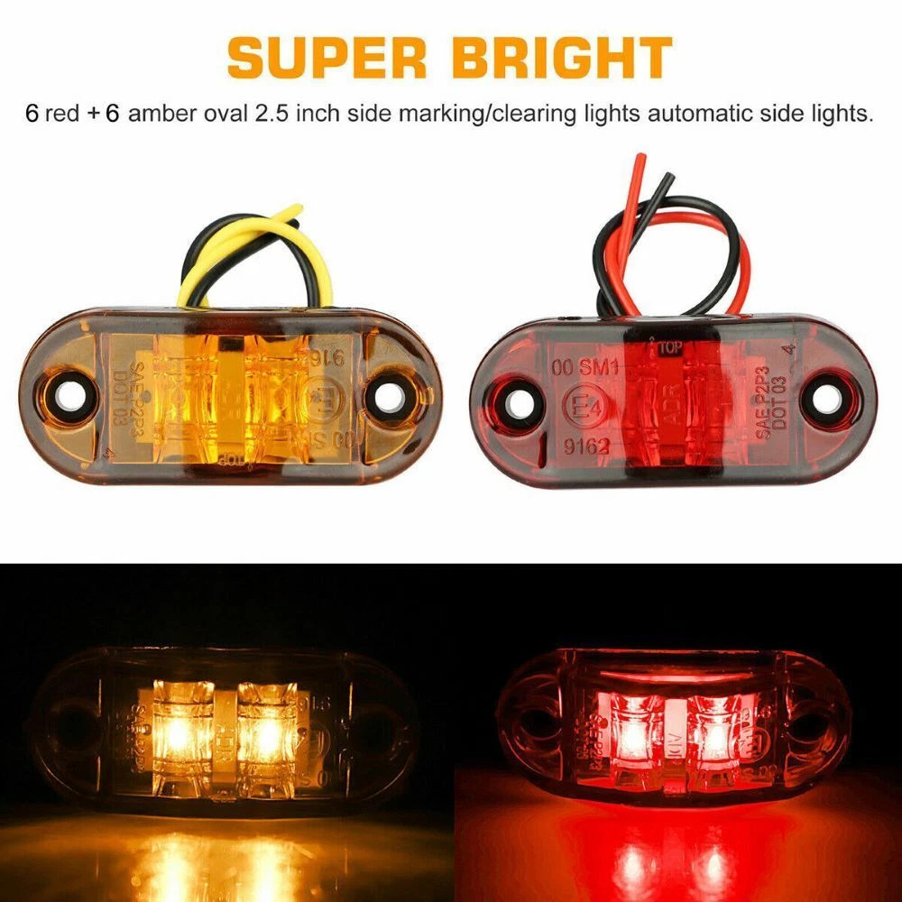12PCS Amber/Red Marker Lights 2.5" LED Truck Trailer Oval Clearance Side Light