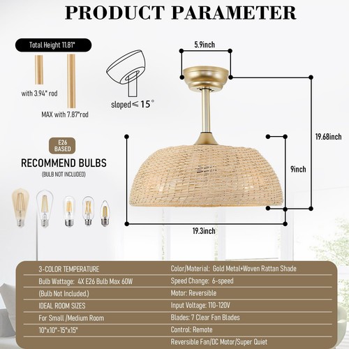 19" Rattan Caged Ceiling Fan with Lights and Remote,4-Light Gold Boho Bamboo ... - Picture 2 of 9