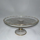 VTG Pedestal HARP Cake Stand Plate Dessert Jeanette Glass Gold Trim 1950's