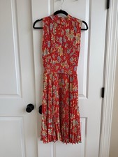 Nanette Lepore Dress Women 10 Red Floral Pleated Midi Sleeveless Mock Neck