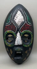 Vintage Ghana Kenyan African Beaded Brass Wood Carved Tribal Mask Wall Decor 14”