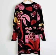 Farm Rio Black Tropical Magic Multicolor Wool Blend Sweater Dress  Size Small