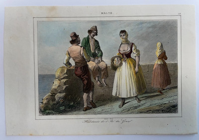 MALTA GOZO INHABITANTS 1860 ANTIQUE ENGRAVED VIEW 19TH CENTURY