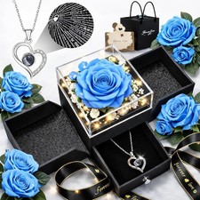 Preserved forever Real Rose Heart I Love You Necklace Mothers Day Gift blue