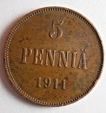 1911 FINLAND 5 PENNIA - Excellent COIN - Rare Type - Lot #J4