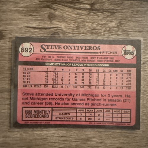 STEVE ONTIVEROS OAKLAND A'S 1989 TOPPS BASEBALL CARD #692 - Picture 2 of 2