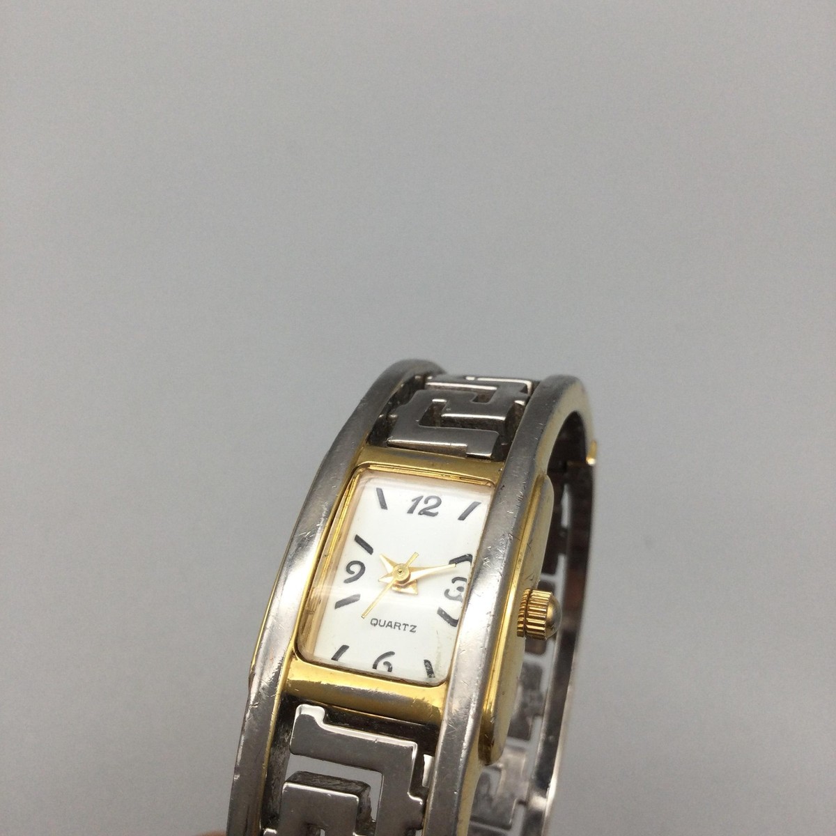 Avon Greek Key Clamper Bracelet Wrist Watch Avon Womens 19mm Two Tone Hinged Bangle Watch Greek Key New  main image 3