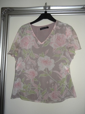Jacques Vert ladies beige pink mix floral top blouse size 12
