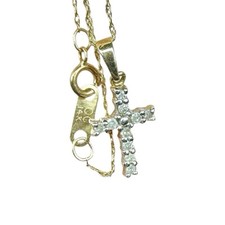 14K Yellow Gold 10 Diamond Encrusted Dainty Mini Cross Pendant Necklace 1g 16  