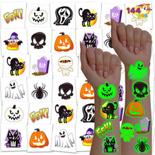 144 Pc Halloween Glow in the Dark Temporary Tattoos, 12 Design Party Set