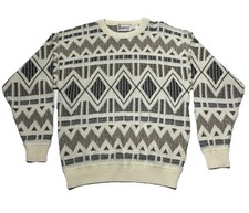 VTG Geometric Funky Artsy Knit Sweater Size L Hipster Grandpa Wool Blend USA 90s