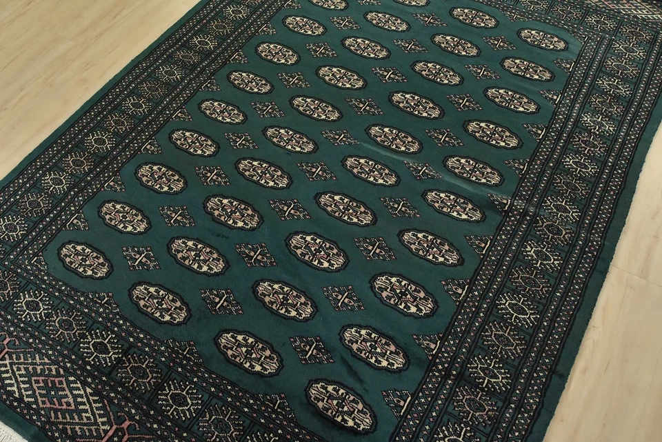 Alfombra Bokhara 5’4” x 7’8” Verde Lana Tribal Anudada a Mano Alfombra Oriental Foto 2 de 4