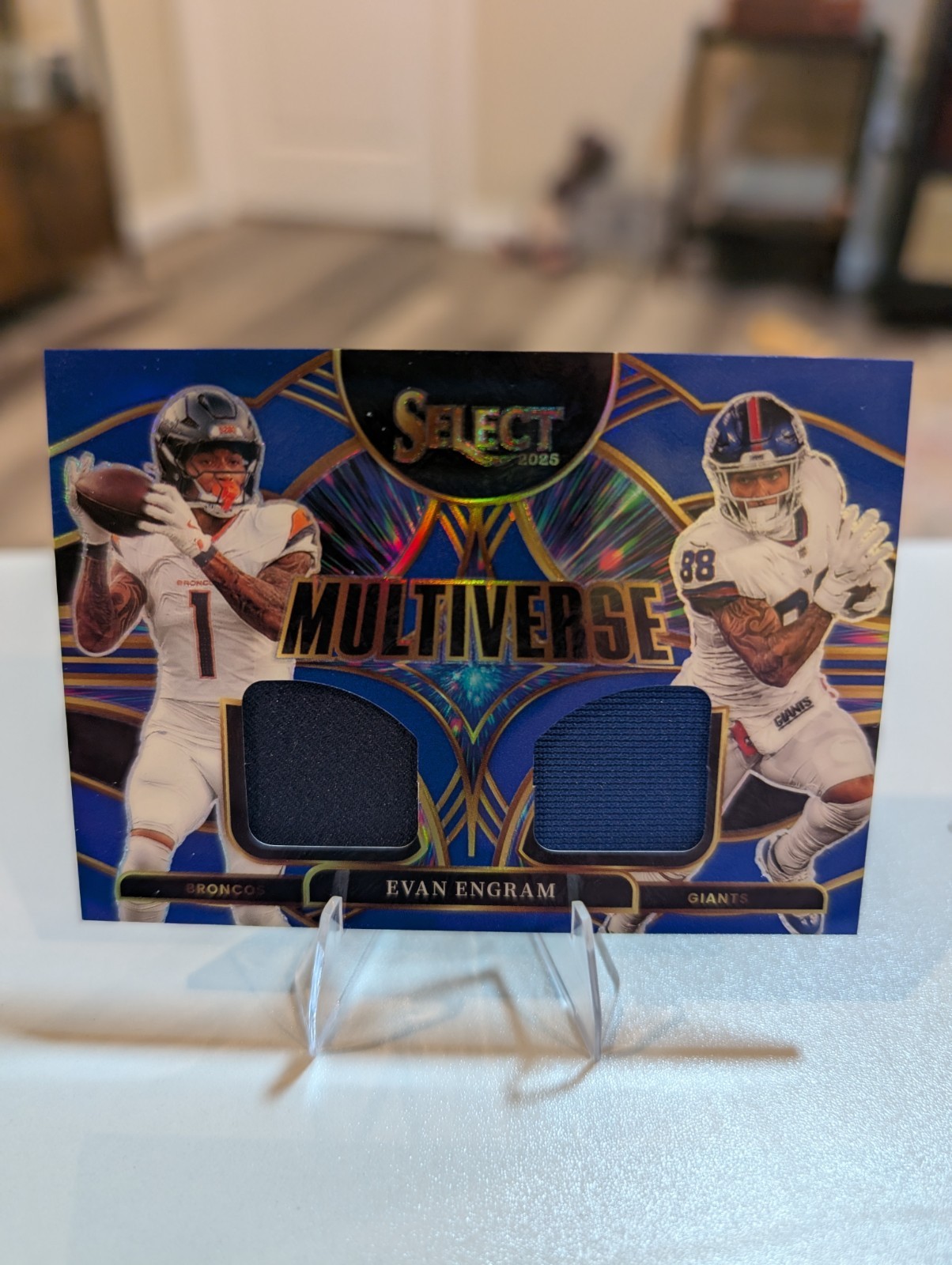 2025 Panini Select Multiverse Blue Prizm Dual Patches Evan Engram #MVJ-EEM