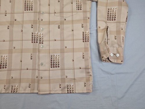 Vintage 60s 70s Image Shirt Adult Small Tan Geometric Leisure Rave Button Up - Afbeelding 6 van 10