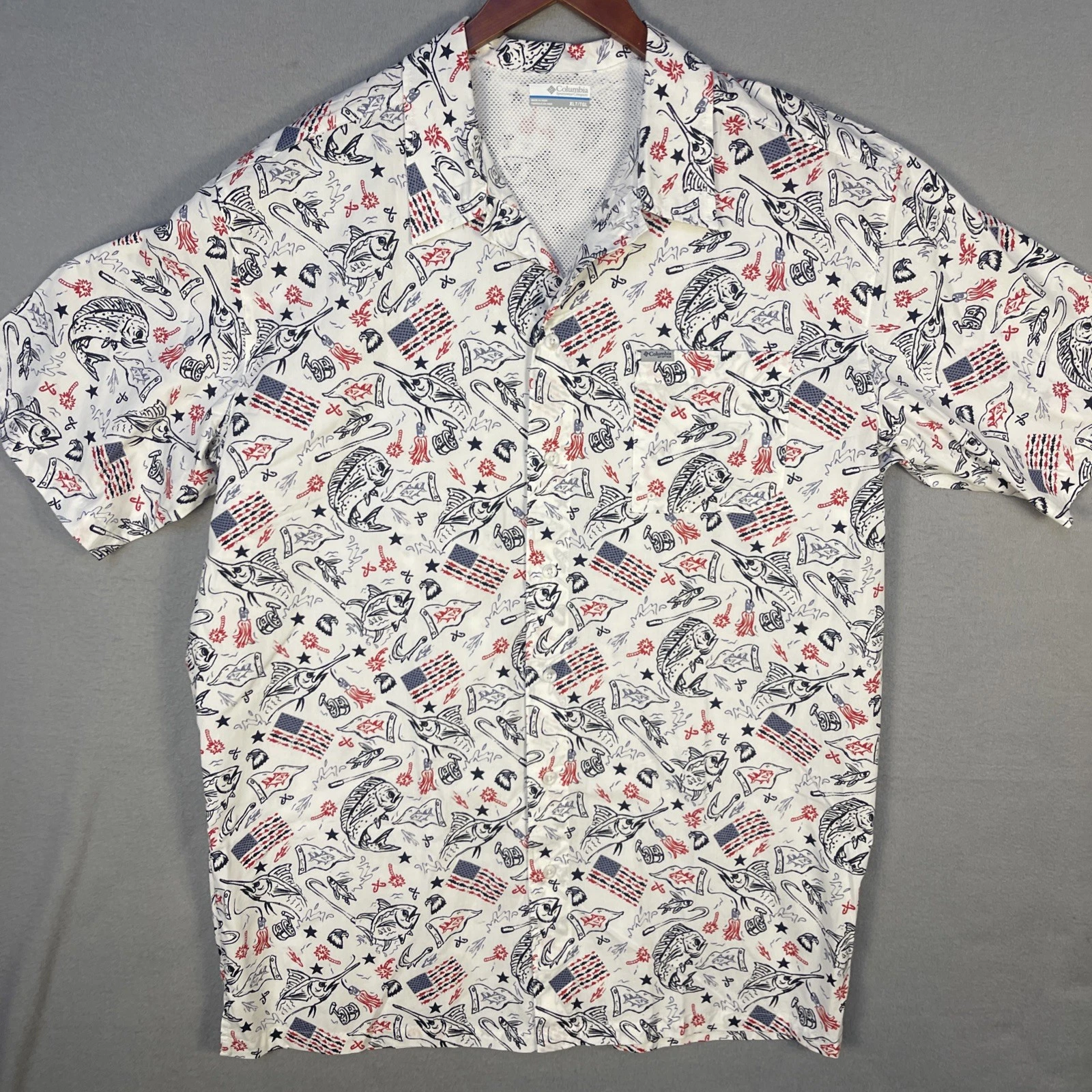 Columbia PFG Shirt Mens XLT White Short Sleeve Marlins Flags Graphic Print USA