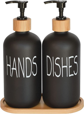 Glass Soap Dispenser Set. Hand and Dish with Bamboo Tray. Vintage Pump for Kitch