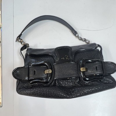 Fendi Black Pebbled Leather Buckle Accent Gold Hardware Shoulder Bag Designer
