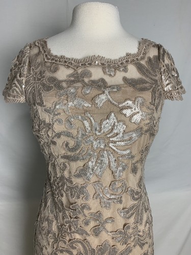 Calvin Klein Womens Sequined Gown Dress Sz 6 Tan Nude Silver Mermaid Cap Sleeve - Picture 2 of 12
