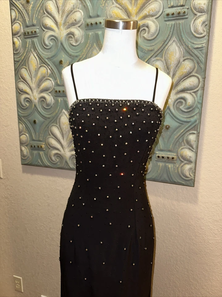Cassandra Stone Formal Maxi Beaded Dress 90's Y2K Sz 4 Train Rhinestone Dance - Image 2 of 4