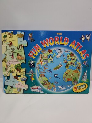 The Fun World Atlas, Board Map Book With 5 Puzzles by Tormont~ NEW