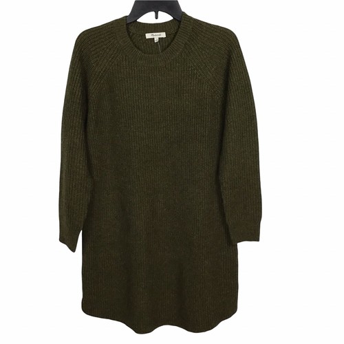 Madewell Curved-Hem Long Sleeve Sweater Dress Olive Green Wool Blend Size Small - Picture 2 of 4