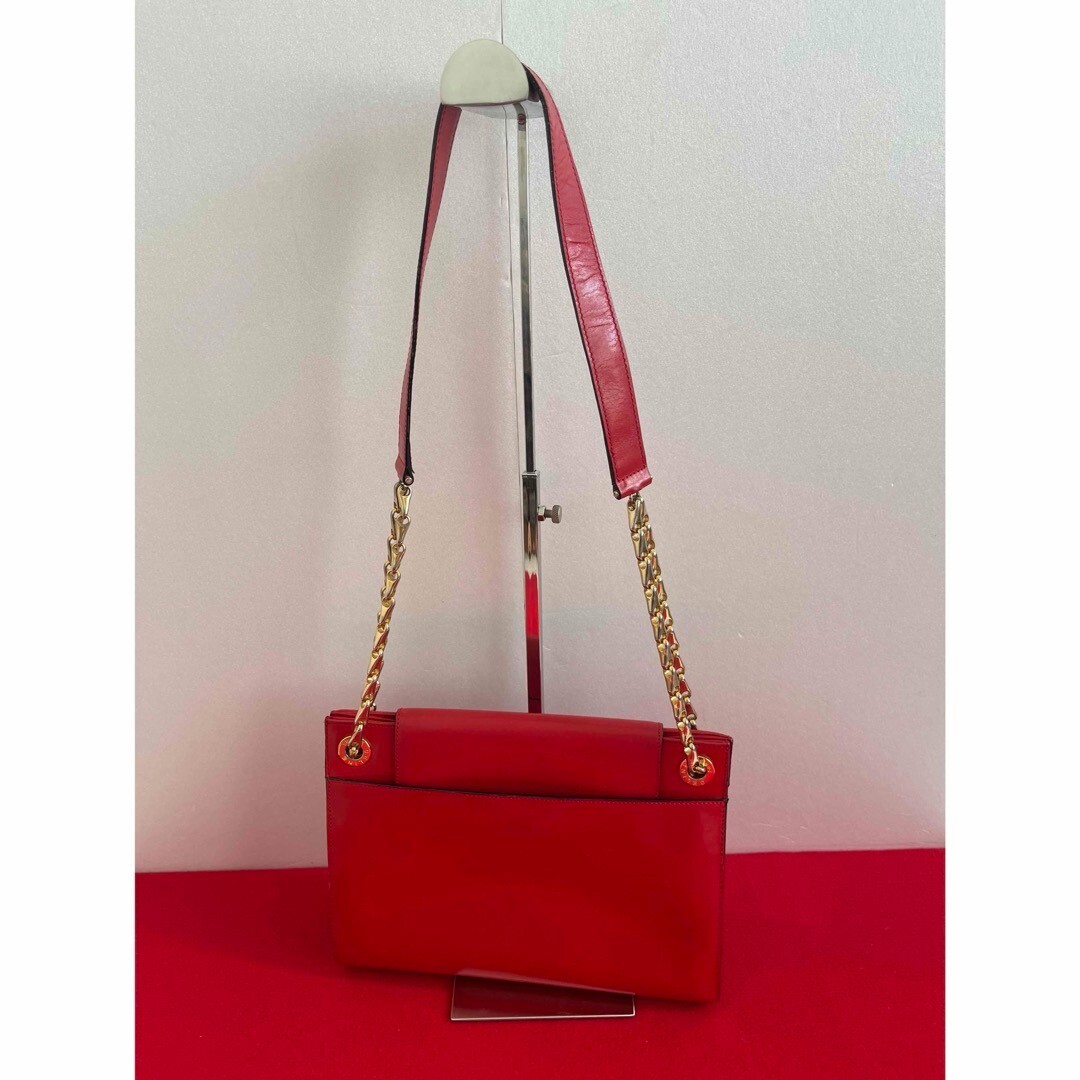 CELINE Vintage Chain Shoulder Bag Leather Red authentic Used CELINE Vintage Chain Shoulder Bag Leather Red authentic Used