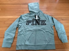 XL Victorias Secret PINK Sea foam Green Logo Full Zip Hoodie Sweat Jacket