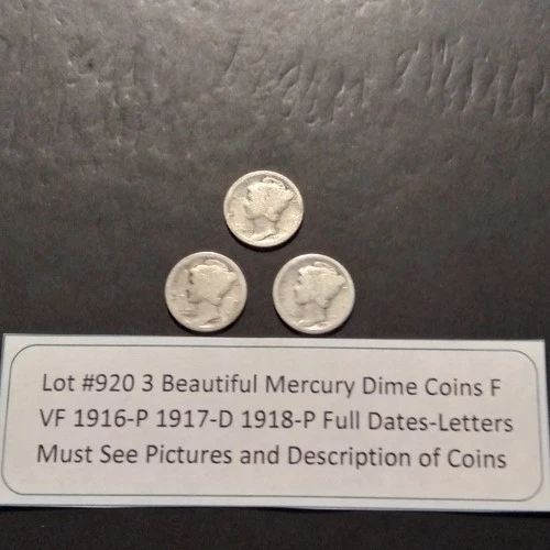 Lot #920 3 Beautiful US Mercury Dimes 1916-P 1917-D 1918-P VG- F-VF See Pictures
