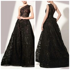 Romantic One Shoulder Long Evening Dress A-line Lace Layered Ruched Ball Gown