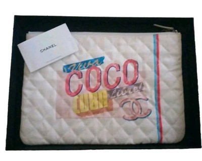Authentic Rare CHANEL SS17 Coco Cuba White Canvas O Case Large Clutch