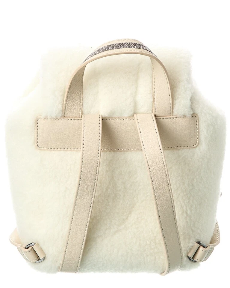 Brunello Cucinelli Drawstring Fleece Wool & Leather Backpack Women's Beige - Image 2 of 4
