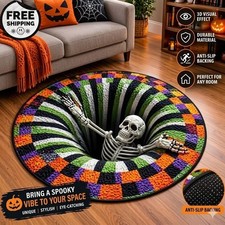 Halloween 3D Vortex Round Rug, Novelty Ghost Skeleton 3D Optical Illusion Rugs