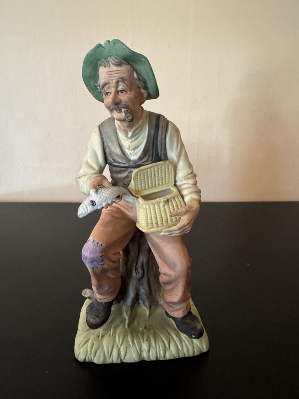 Vintage Fisherman Smoking Pipe with Fish & Basket Ceramic Bisque Figurine Brinns