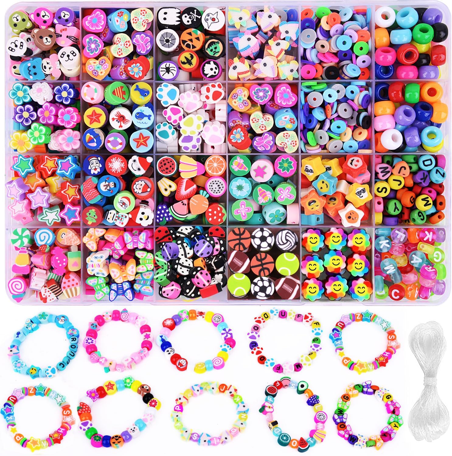 1000PCS Polymer Clay Beads Kit for DIY Bracelets - 24 Fun Fruit Floral Styles