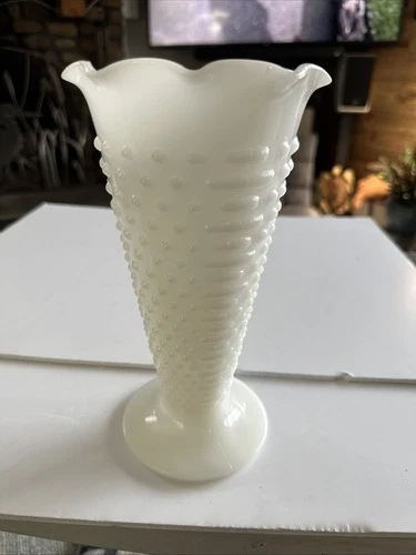 Vintage Anchor Hocking White Milk Glass Hobnail Footed Trumpet Vase 10” Tall