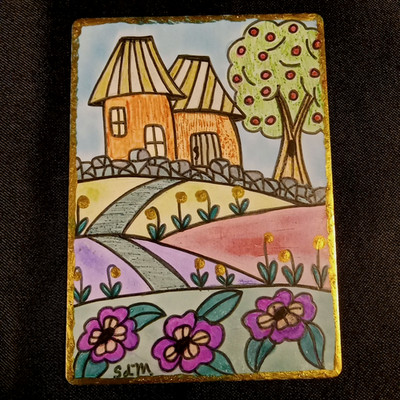 ACEO Original Art Card Purple Pansies Folk Art Pen Ink Sabrina de Man USA