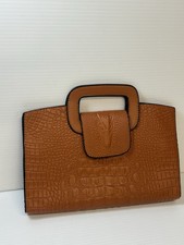 Camel Brown Faux Leather Alligator Crocodile Flap Clutch Bag Purse