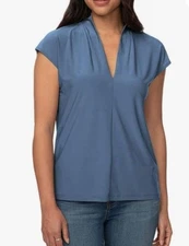 Buffalo David Bitton Blouse Shirt Womens Small Blue Cap Sleeve Vneck