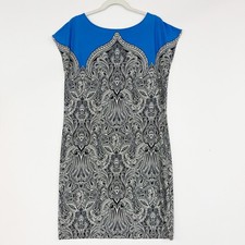 Adrianna Papell Capped Sleeve Floral Paisley Print Dress Blue & Cream Women's 8